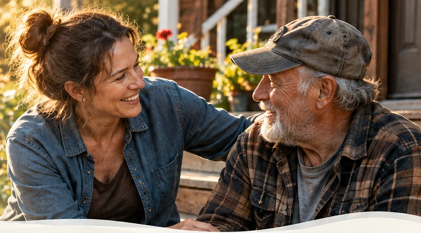 Two neighbors sharing a warm conversation on a porch at sunset