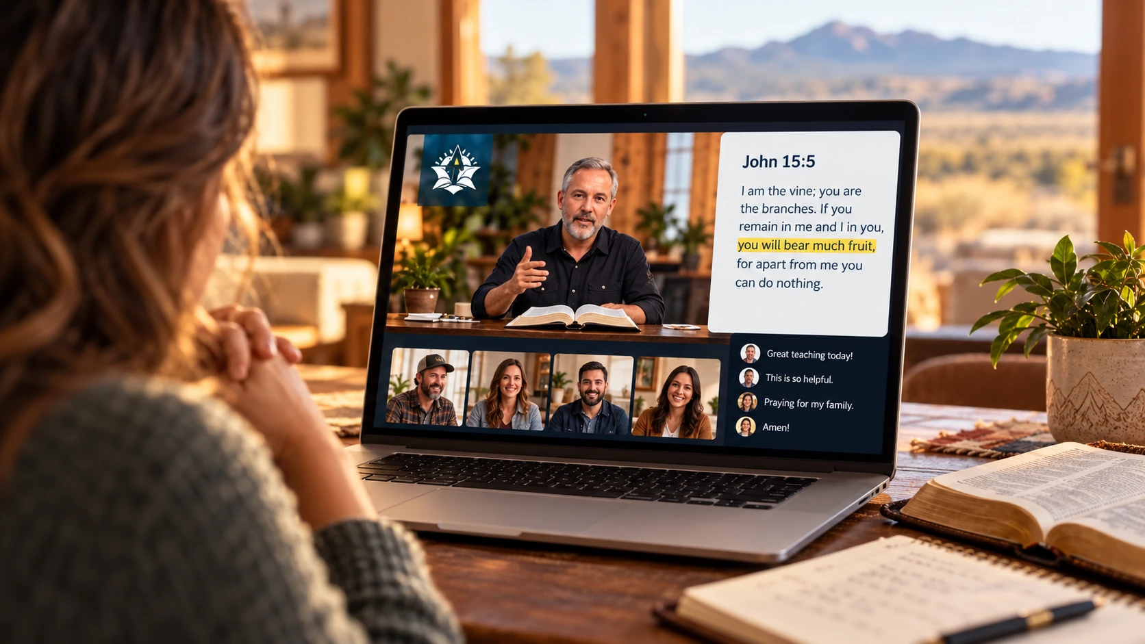 Laptop showing an interactive online Scripture study, live participants and conversation beside an open Bible