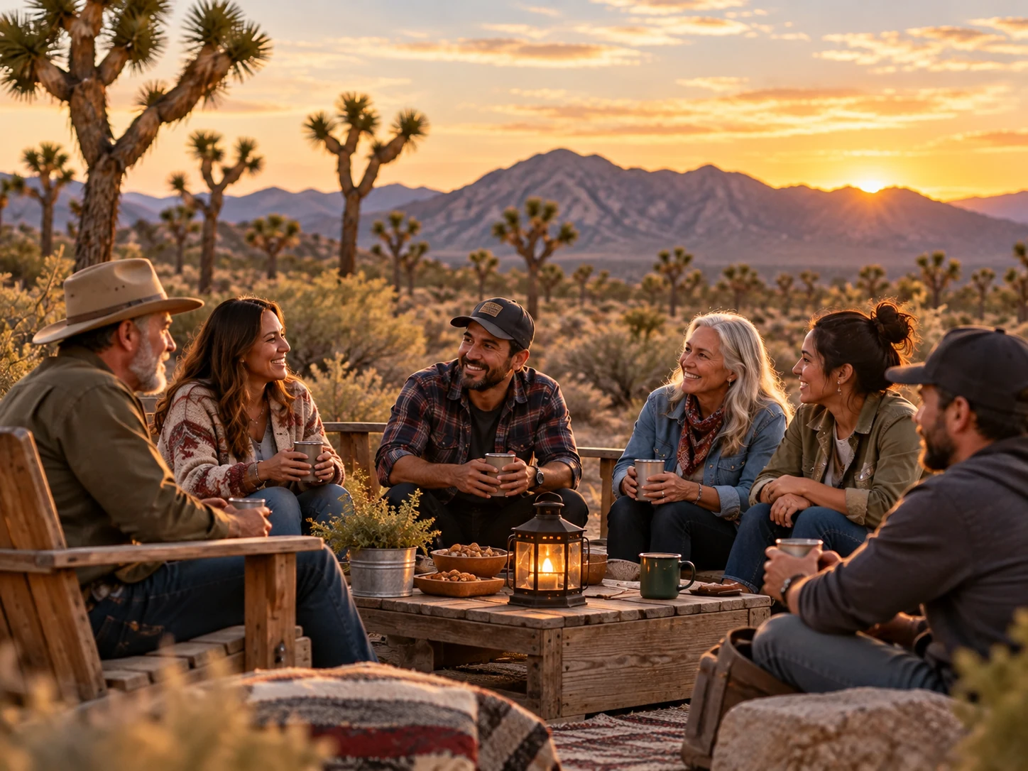 Friends of different generations enjoying fellowship outdoors among Joshua trees