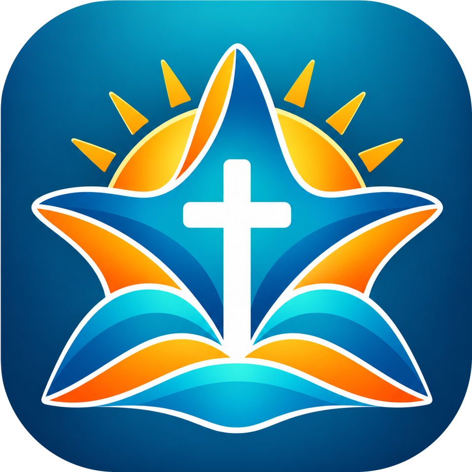Starfish Church symbol with white cross, sunrise, and open-book forms